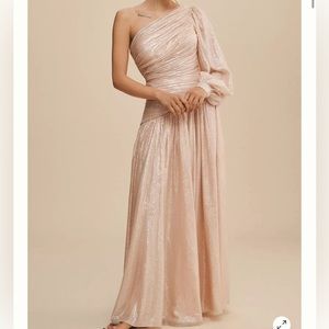 BHLDN Jade Metallic One-Shoulder Asymmetrical-Waist Gown
